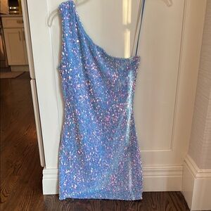 One-Shoulder Sequin Dress in Blue and Pink